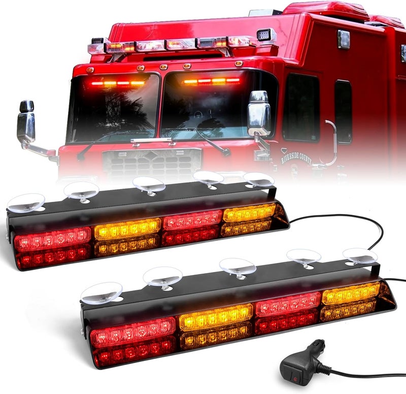 HLauto 6Z4J Emergency Dash Strobe Lights: 2x16.8 inch Red Amber Safety Lights, 48 LED Flashing Warning Hazard Interior Windshield Visor Traffic Light Bar for Trucks, Construction Vehicles - Image 1